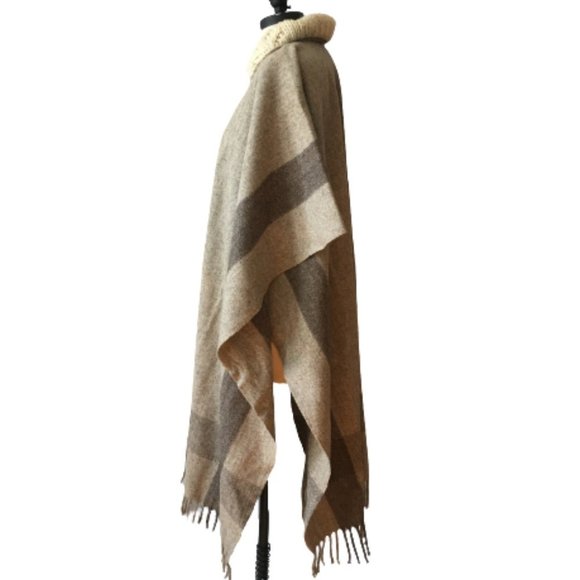 NEW Vintage Wool Blanket Cape Cable Knit Collar Handmade Fringed Long Americana - Picture 9 of 16